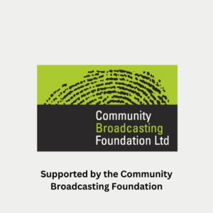 Community Broadcasting Foundation logo black fingerprint on a lime green background