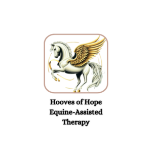 Hooves of Hope logo white Pegasus horse with golden wings