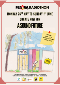 Donate now PBAFM Radiothon A Sound Future poster featuring a brightly coloured building